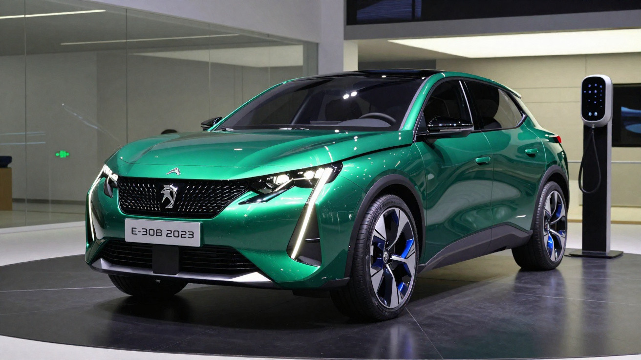 Green 2023 Peugeot E-308 electric hatchback displayed indoors by charging station.