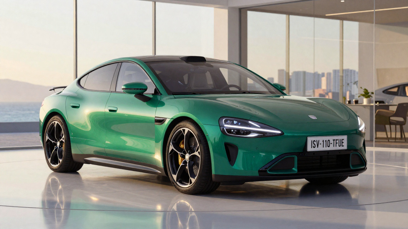 Green modern electric sports car displayed in a sleek showroom with large glass windows and city skyline view.