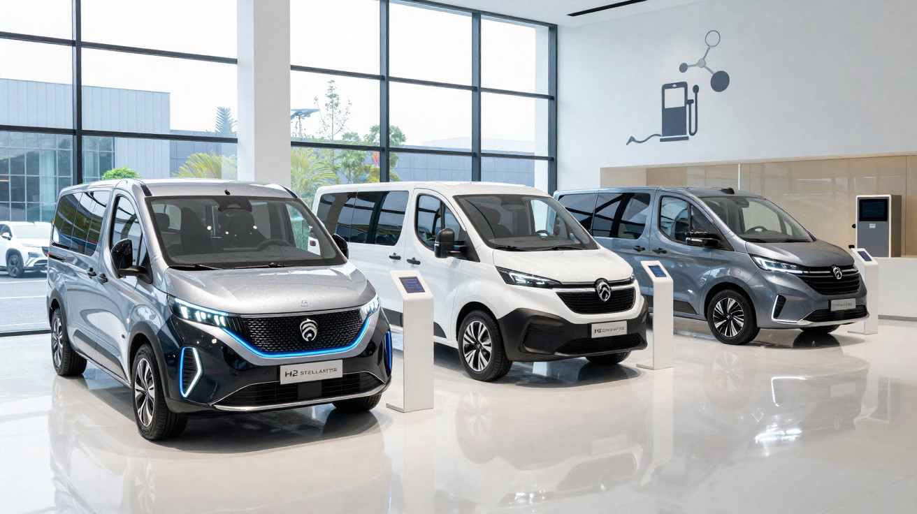 Three modern electric vans in silver, white, and grey displayed in a bright showroom with large windows.