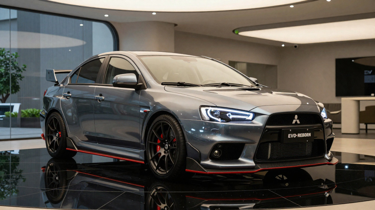 Grey Mitsubishi Evo Reborn sports car with black wheels displayed indoors on a reflective black floor.