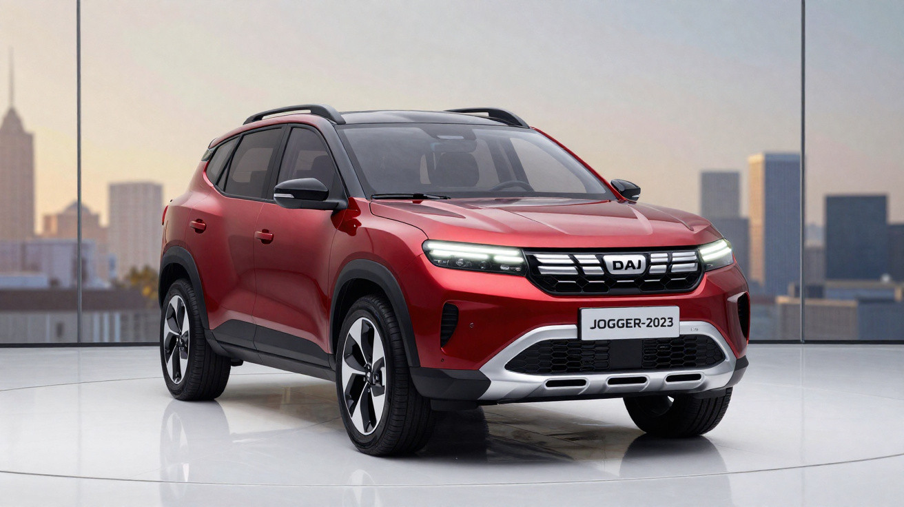 Red 2023 Dacia Jogger SUV displayed in a studio with glass walls and city skyline background.