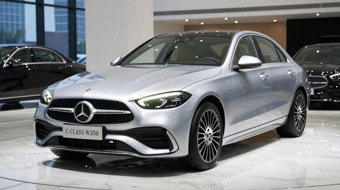Silver Mercedes-Benz C-Class W206 sedan displayed indoors with sleek design and modern headlights.