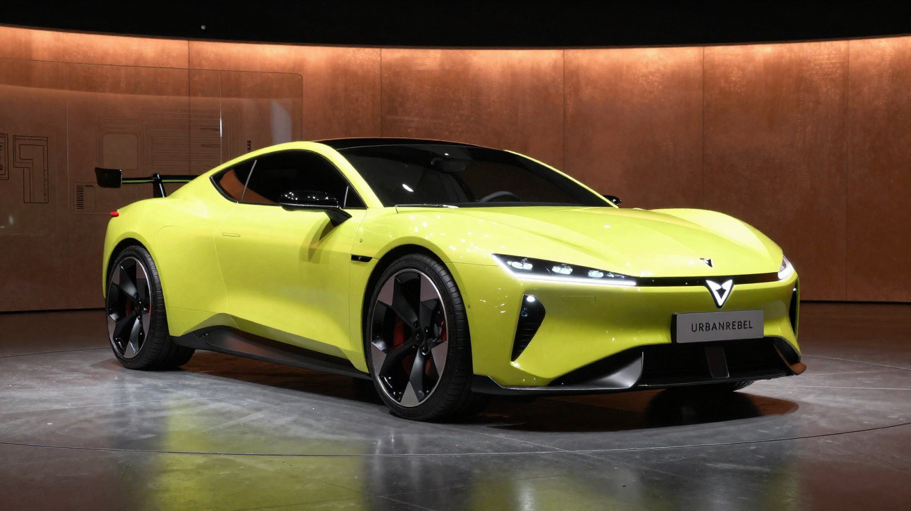 Bright yellow sporty electric car displayed indoors with sleek design and black accents under warm lighting.