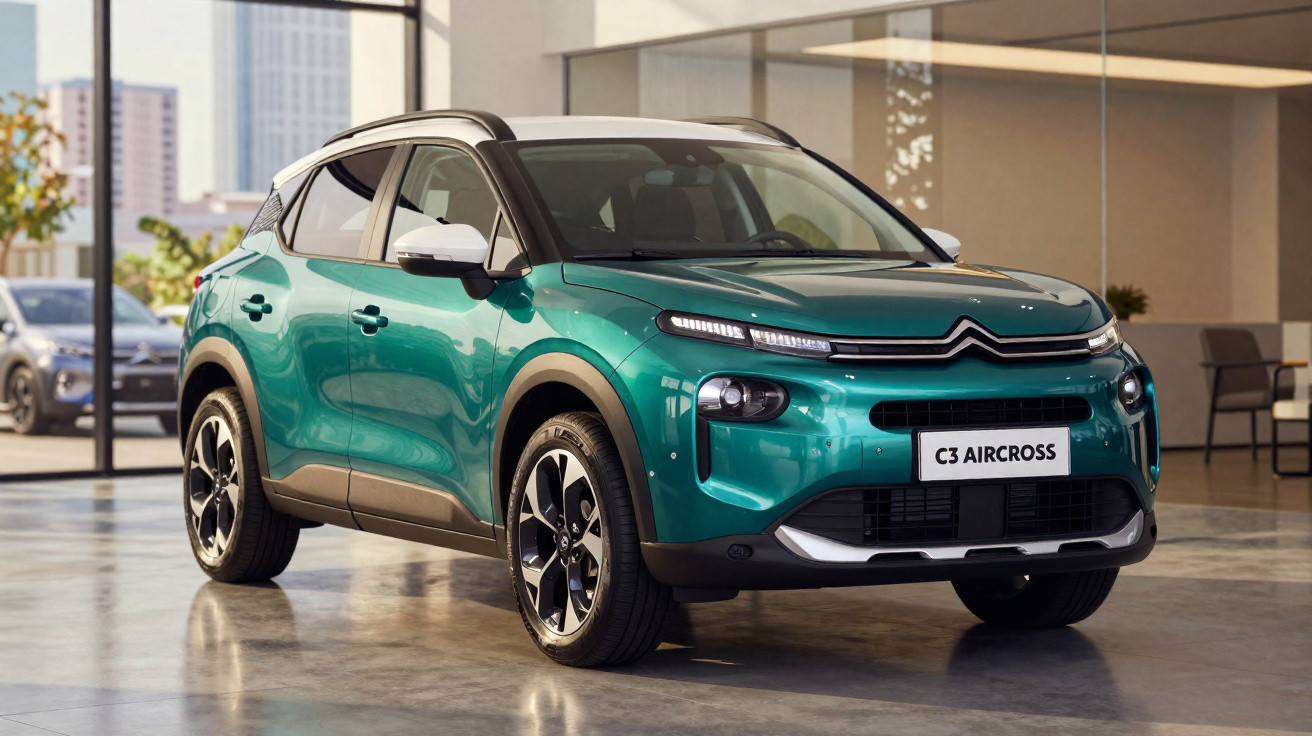 Green Citroën C3 Aircross compact SUV parked indoors with city buildings visible through windows.