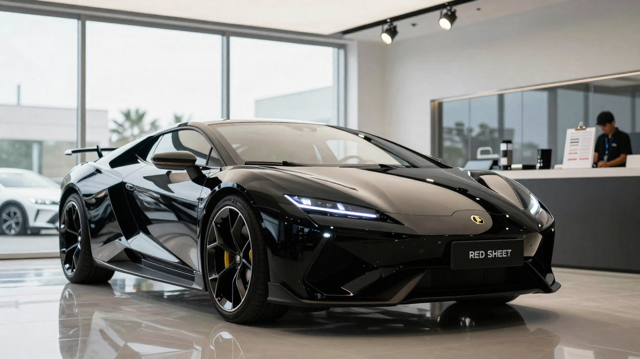 Sleek black sports car with angular design and LED headlights displayed in a modern showroom.