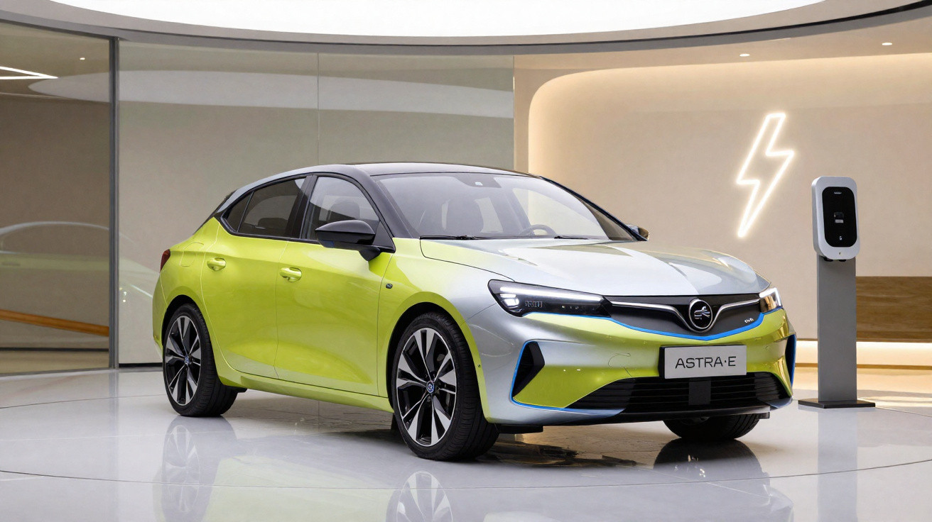 Silver and lime green Vauxhall Astra-e electric car displayed indoors near a charging station and neon lightning bolt sign.
