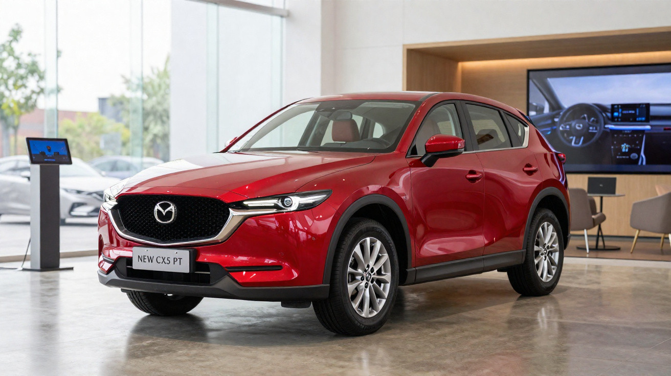 Red Mazda CX-5 PT SUV displayed in a showroom with modern interior and large windows in the background.