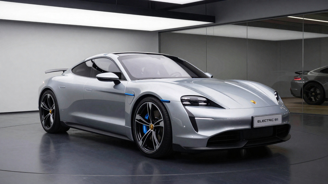 Silver Porsche Electric 911 sports car displayed in a modern showroom with reflective glass walls and polished floor.