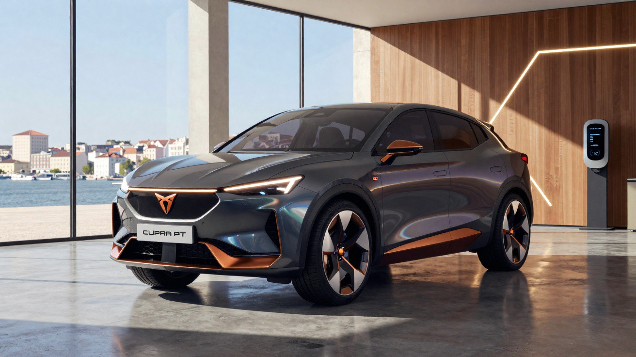 Grey Cupra electric SUV parked indoors near a large window with water and city view outside.