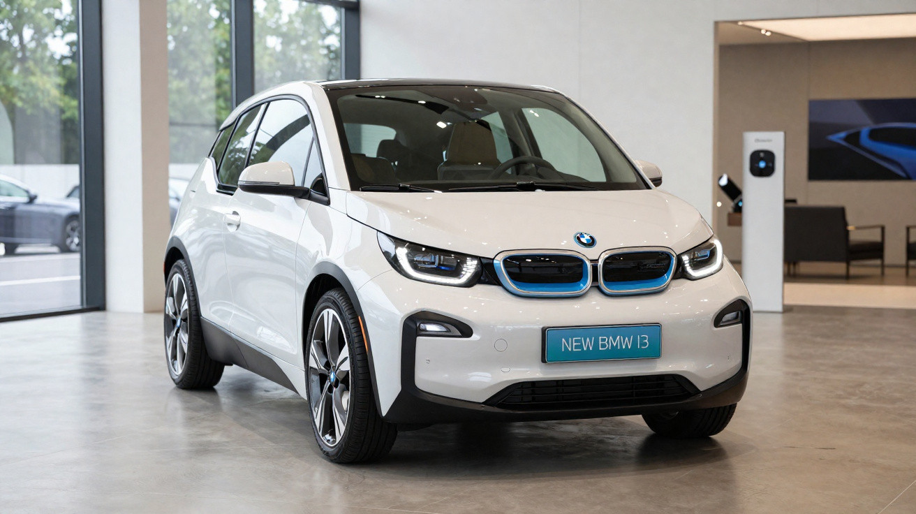 White BMW i3 electric car parked inside a modern showroom with large windows.