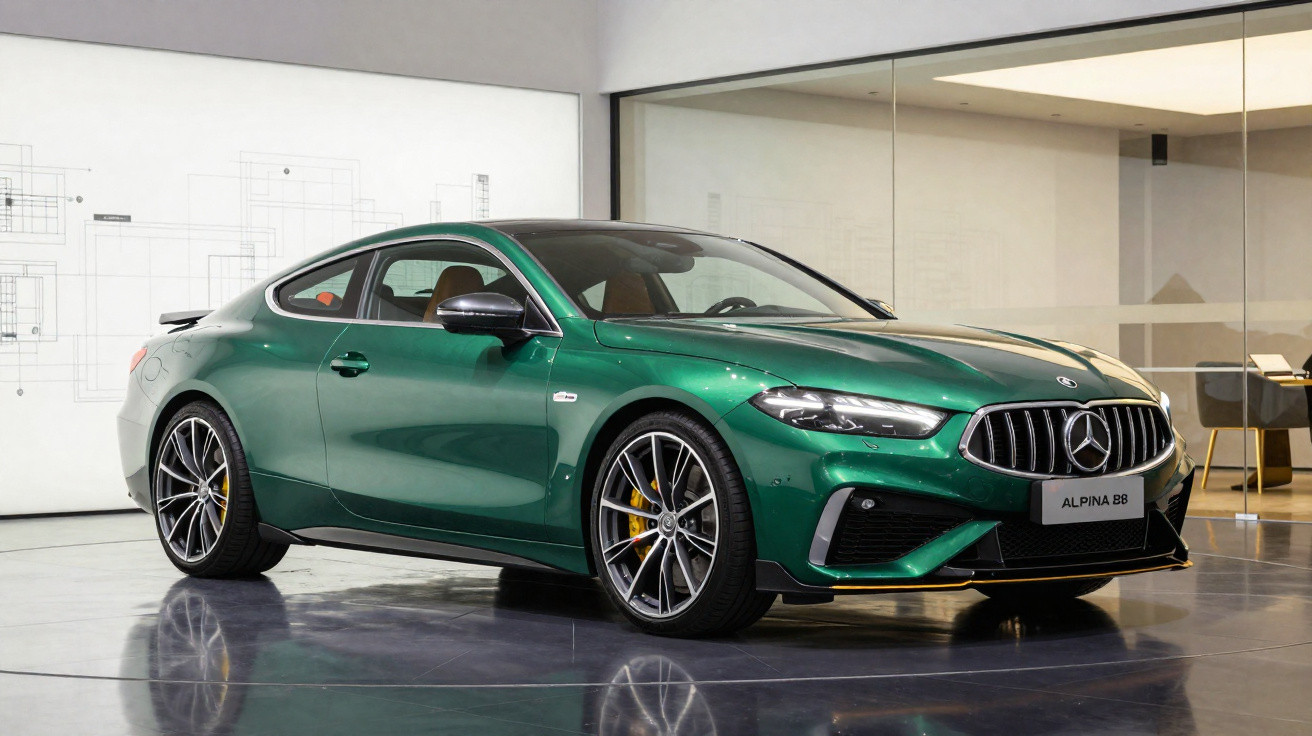 Green Mercedes-Benz Alpina B8 coupe parked indoors with glass walls and modern office furniture in the background.