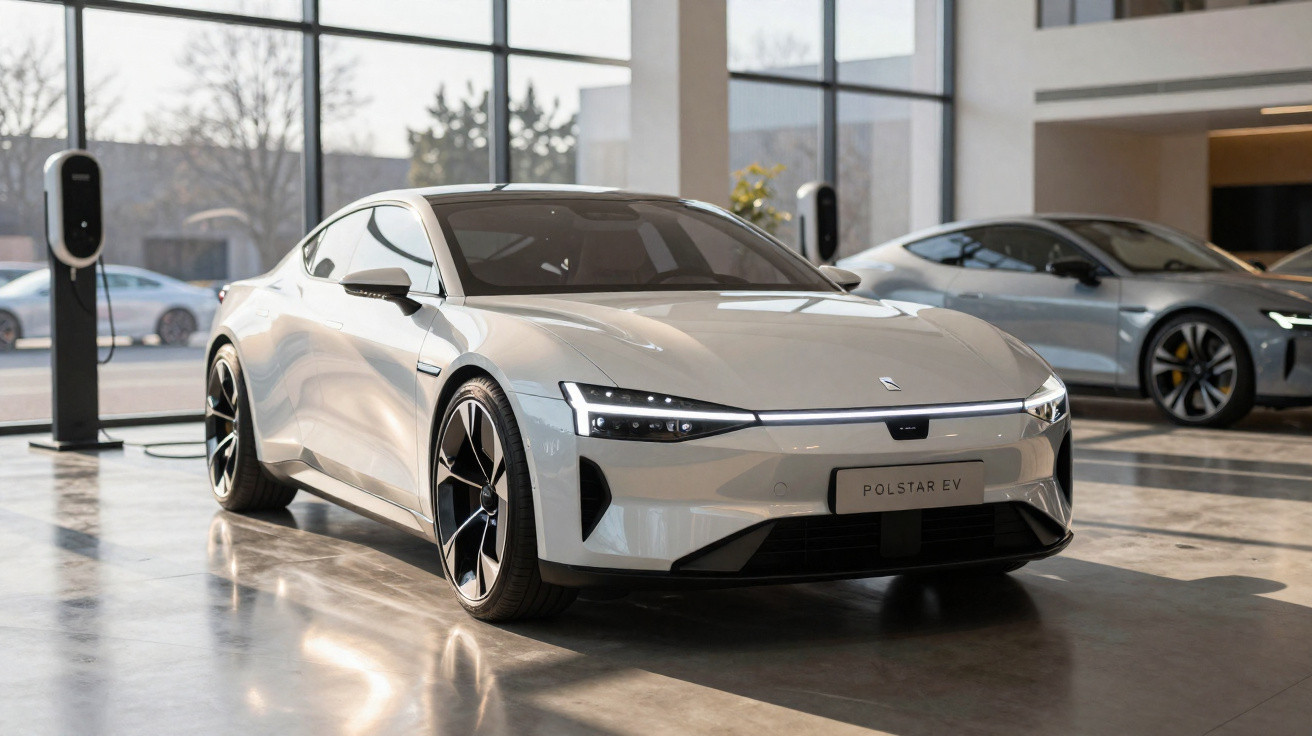 Silver Polestar EV electric car displayed in a bright showroom with charging station and another car in the background.