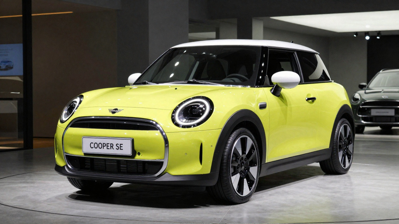 Bright yellow Mini Cooper SE electric car with white roof displayed indoors on showroom floor.