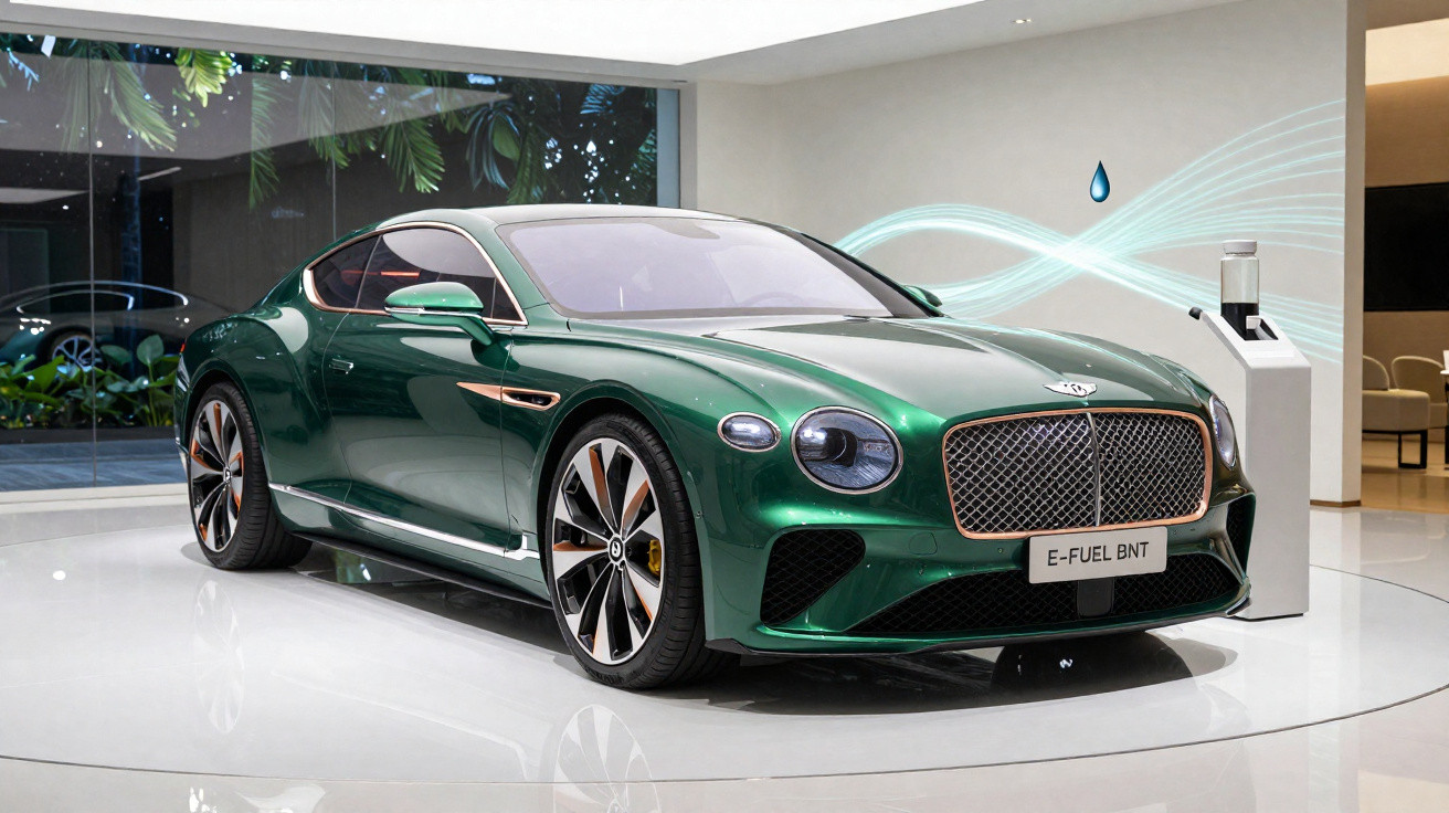 Green Bentley E-Fuel BNT luxury sports car displayed indoors with charging station and digital airflow graphics.
