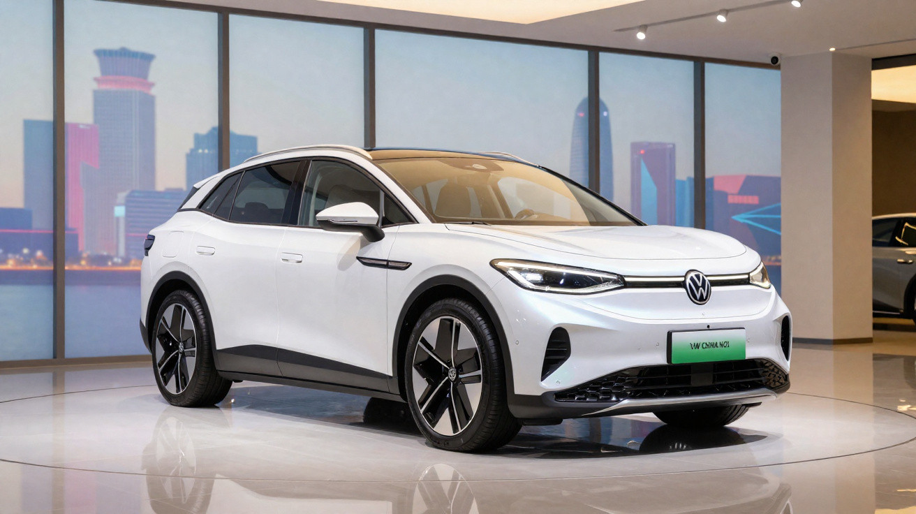 White Volkswagen electric SUV displayed in showroom with cityscape backdrop through large windows.