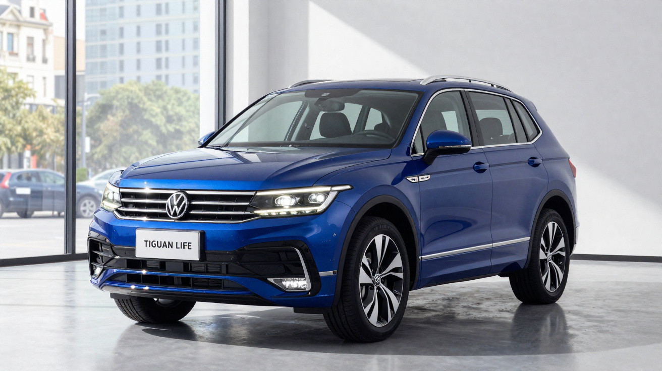 Blue Volkswagen Tiguan Life SUV displayed in a bright showroom with large windows and city view outside.