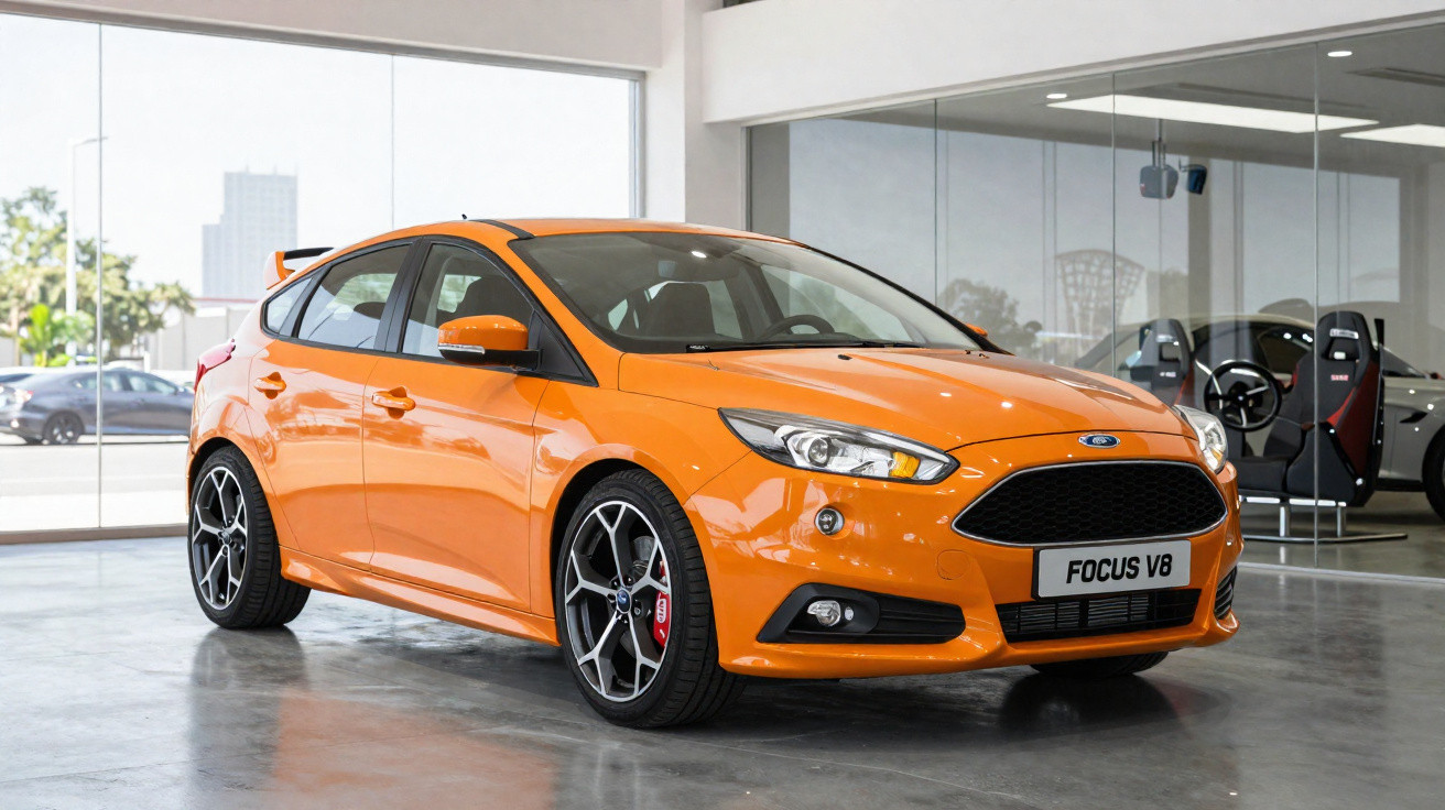 Orange Ford Focus V8 hatchback displayed in a bright indoor showroom with cityscape visible through large windows.