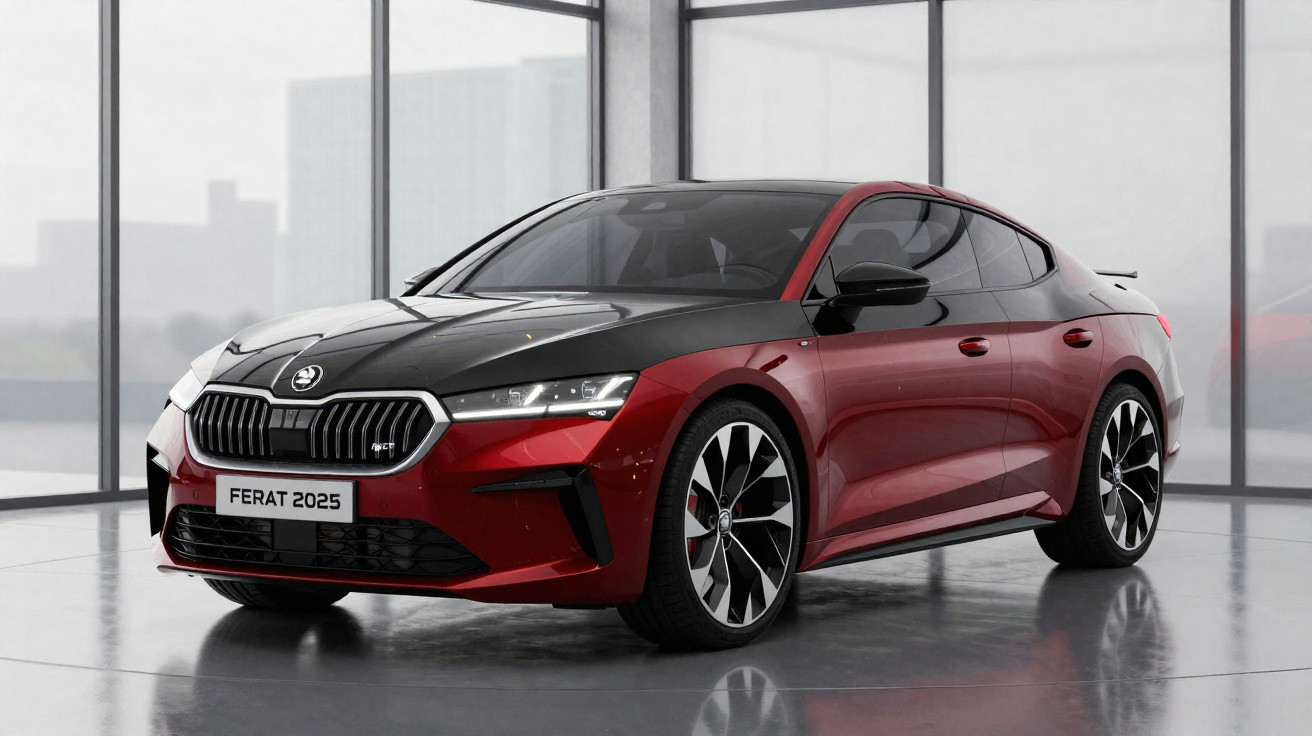 Red and black 2025 Ferat sedan with modern design displayed in a glass-walled showroom.