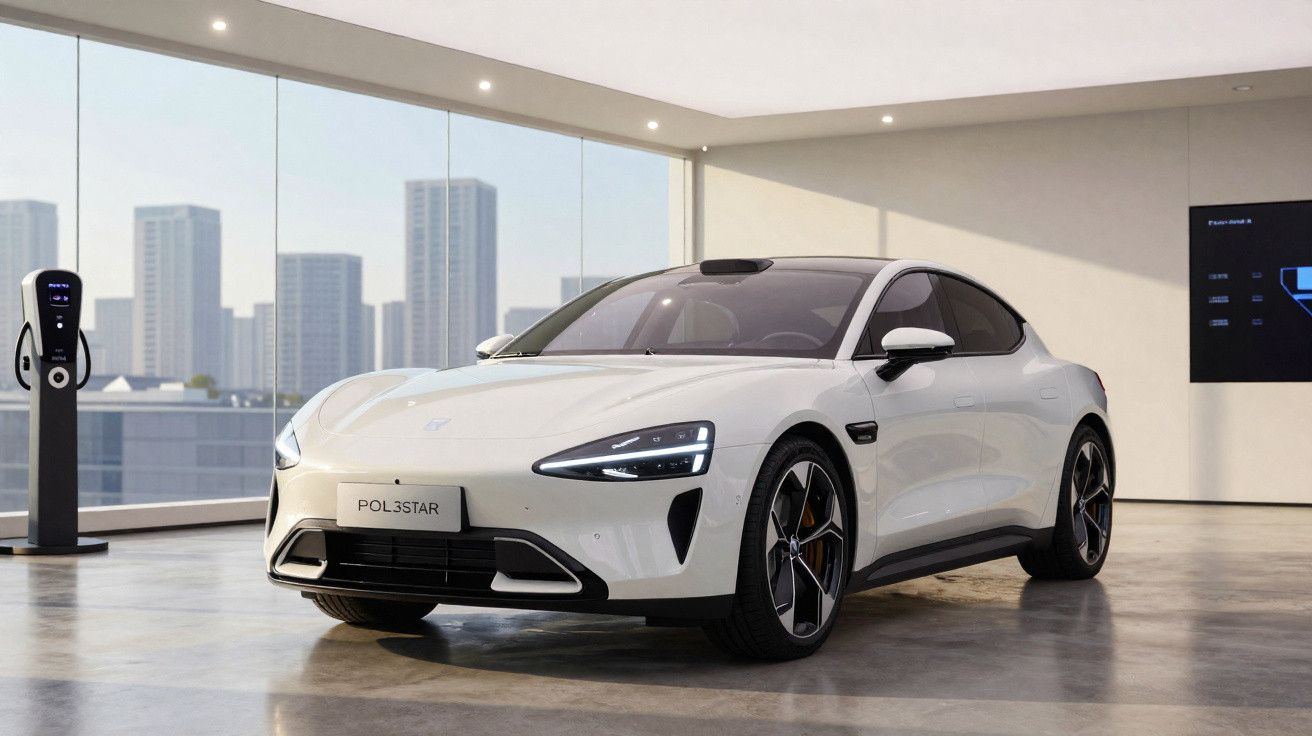 White Polestar electric sports car inside a modern showroom with cityscape visible through large windows.
