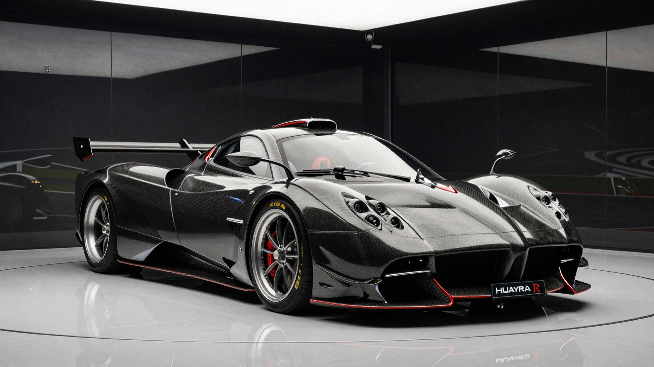 Black Pagani Huayra R supercar displayed in a showroom with carbon fibre body and red detailing.