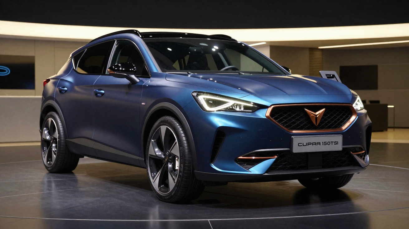 Blue Cupra 150 TSI compact SUV displayed indoors under bright lights.