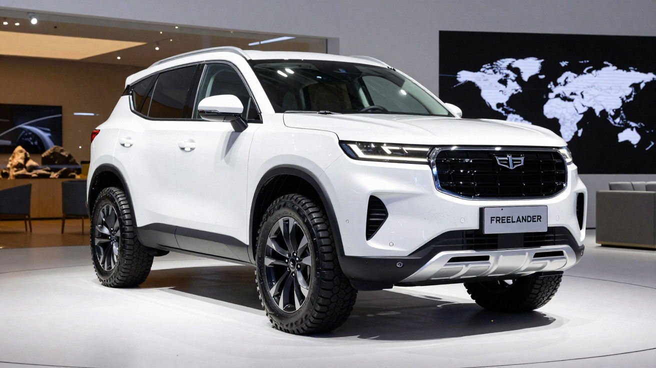 White modern SUV with black grille and all-terrain tires displayed indoors on a white platform.