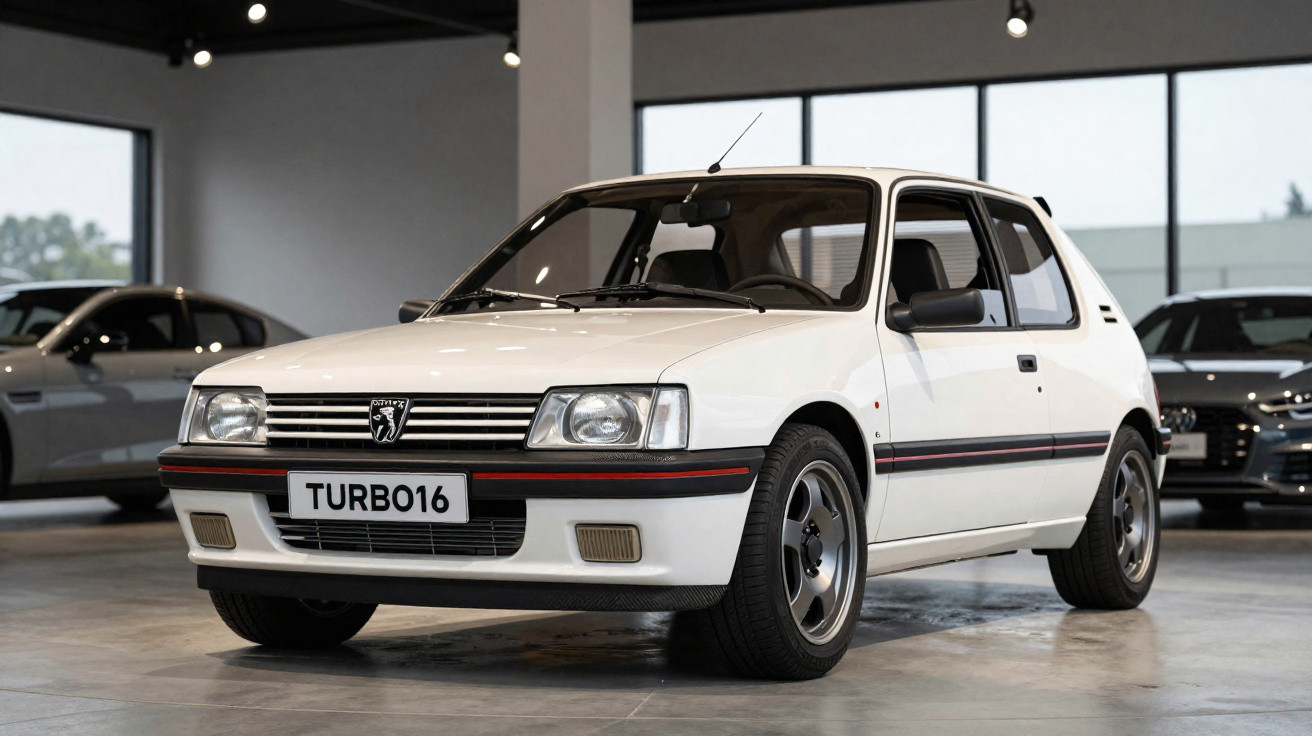 White vintage Peugeot 205 Turbo 16 hatchback displayed indoors with black detailing and alloy wheels.