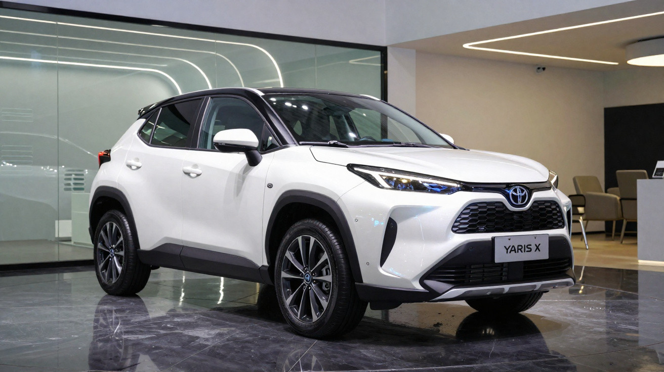 White Toyota Yaris X compact SUV displayed indoors on a glossy floor under bright lighting.