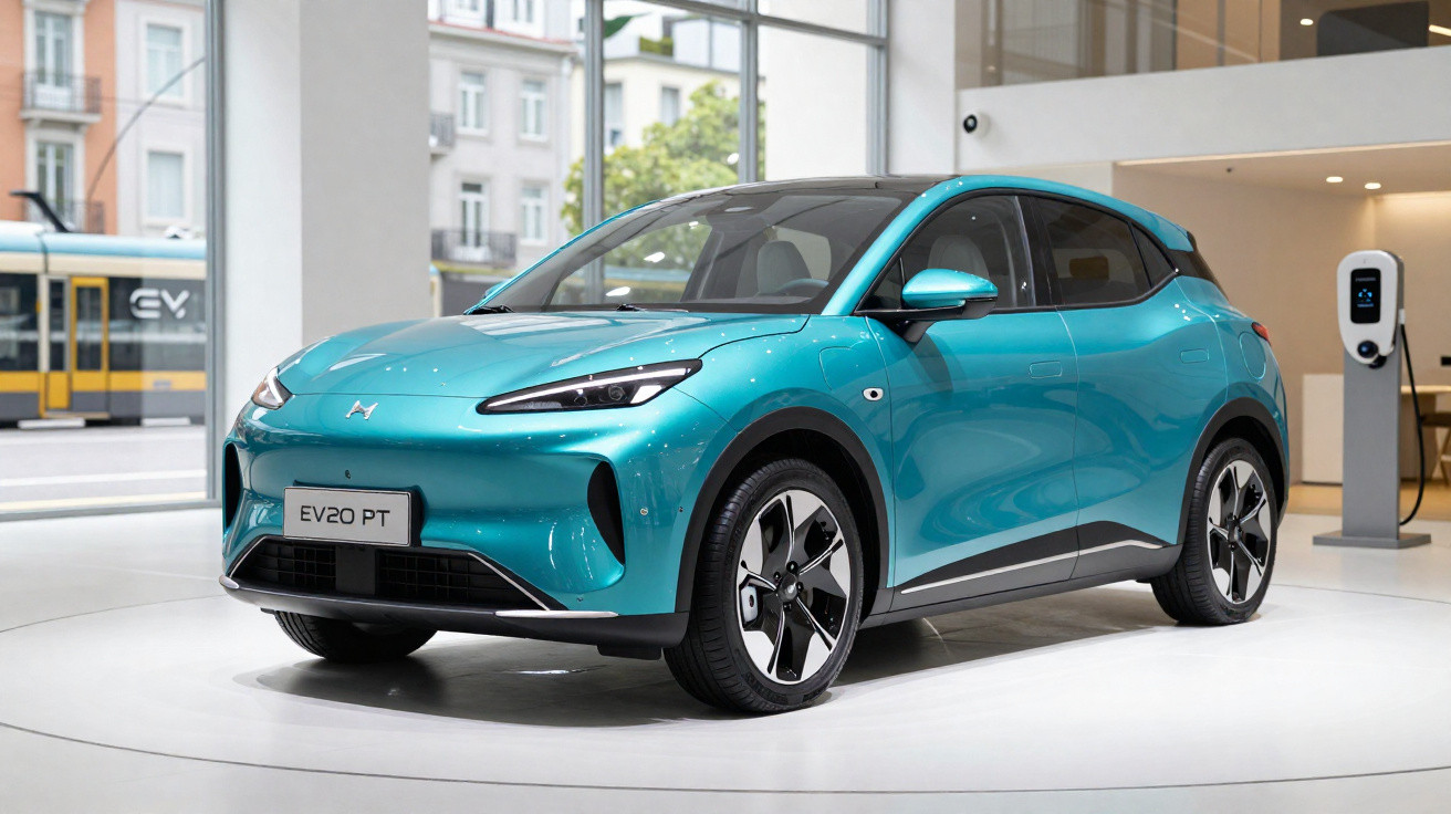 Blue electric compact SUV displayed indoors with charging station and city view through large windows.