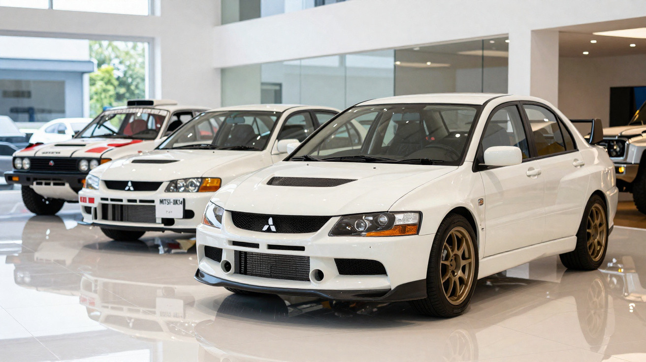 Line of classic white Mitsubishi Lancer Evolution cars displayed in a bright showroom with reflective floors.