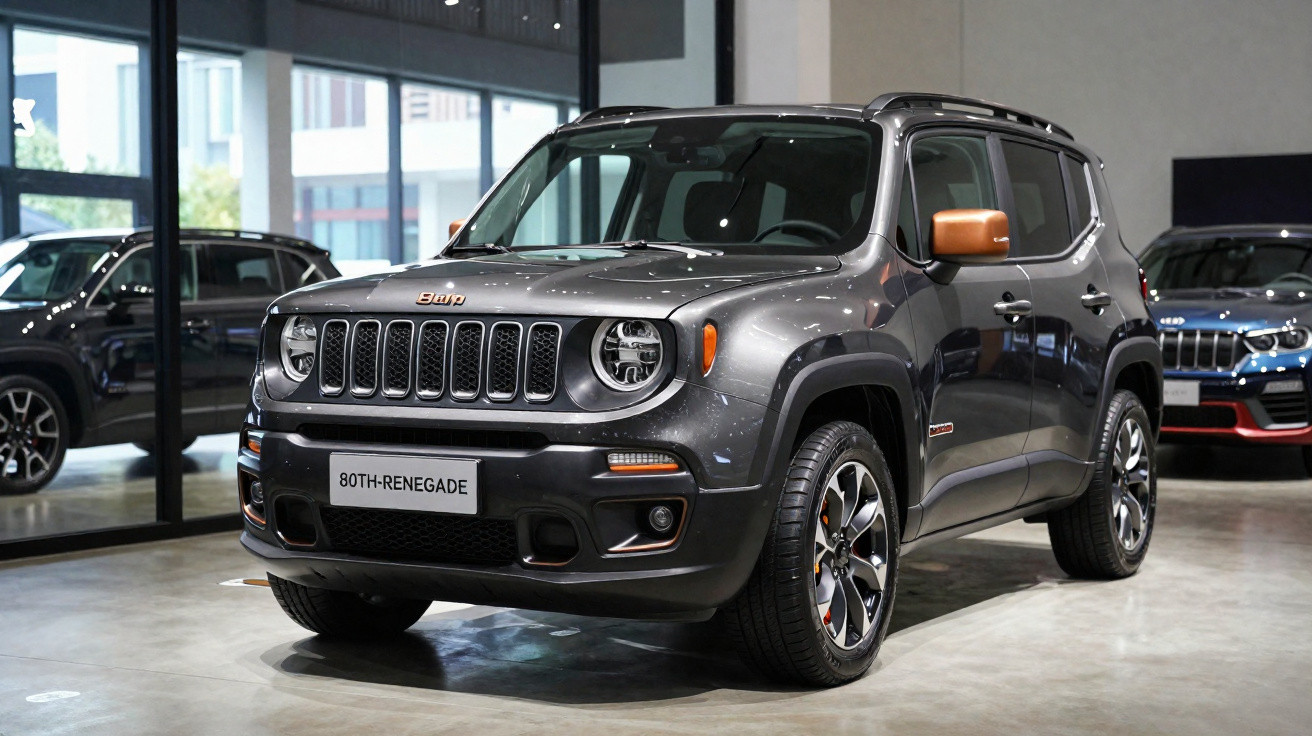 Grey Jeep Renegade 80th Anniversary Edition displayed indoors with brown side mirrors and black wheels.