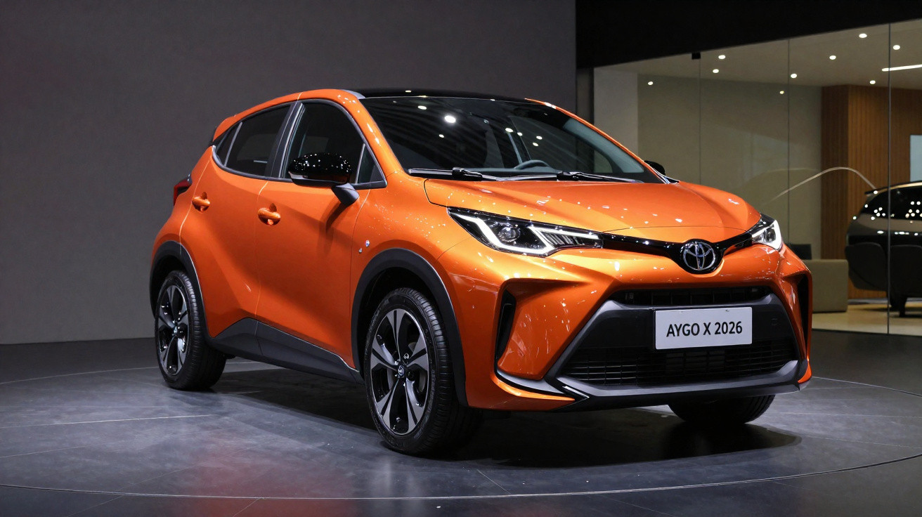 Orange Toyota Aygo X 2026 compact crossover car displayed indoors on a rotating platform