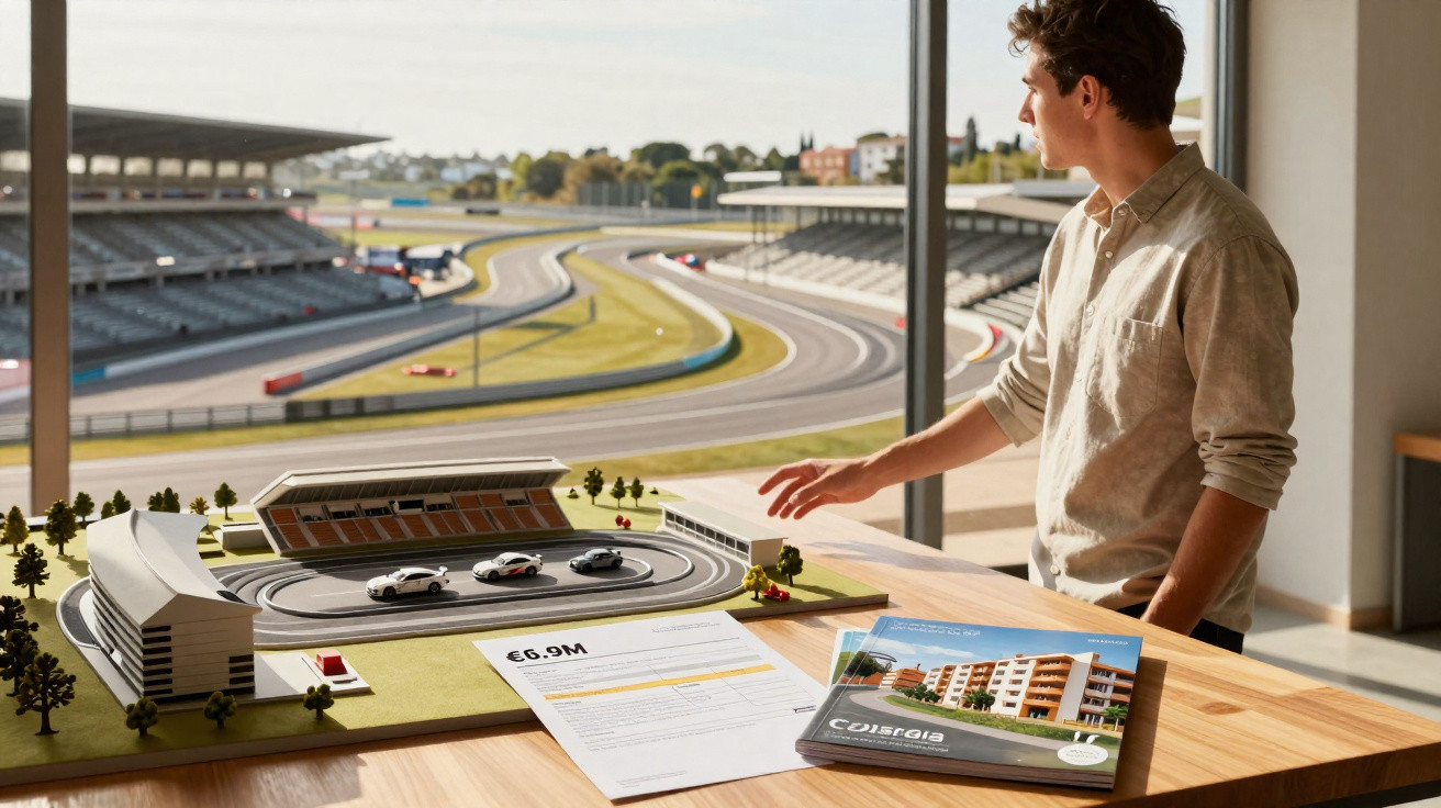 Man standing by a model race track with toy cars, brochures, and papers on a wooden table near a window.