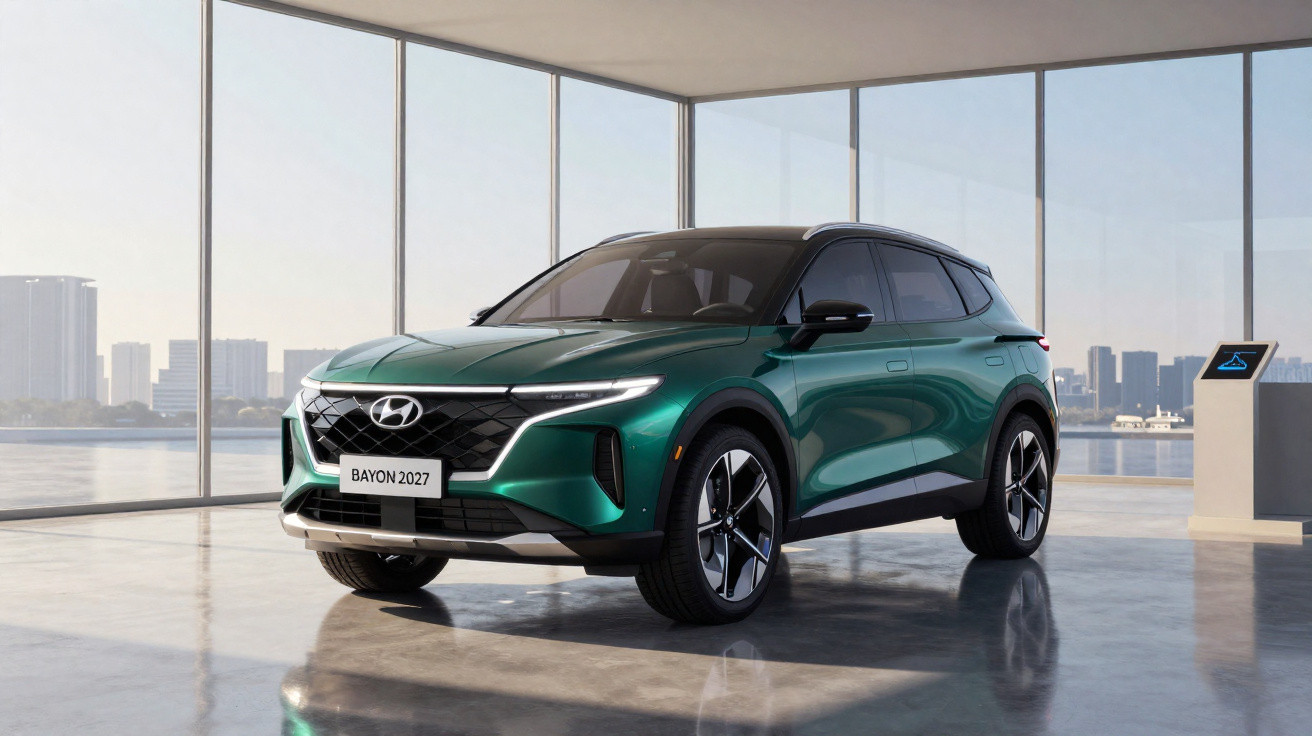 Green 2027 Hyundai Bayon SUV in a modern glass showroom with city skyline visible outside.