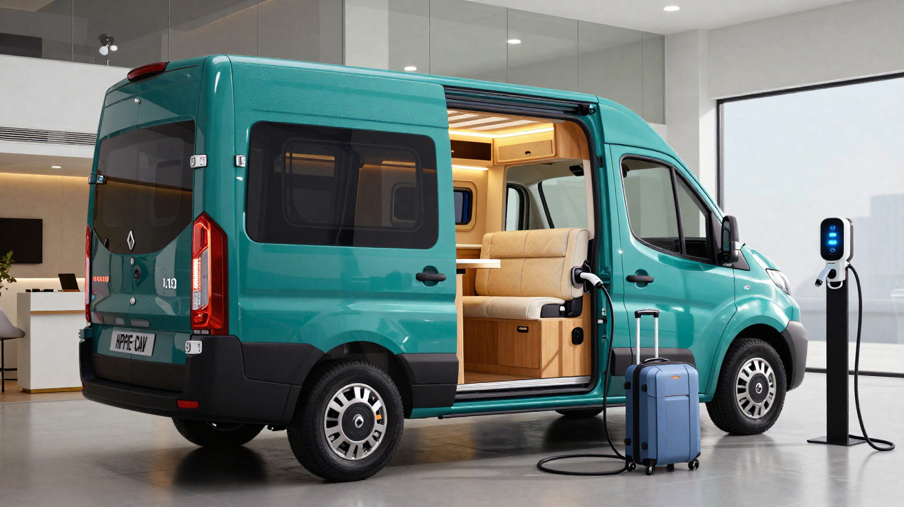 Teal electric camper van charging indoors with sliding door open, showing beige seating and a blue suitcase.