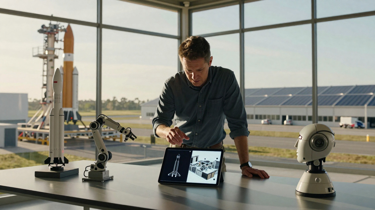 Man in a lab pointing at a tablet displaying rocket designs with models of a rocket, robotic arm, and robot head nearby.