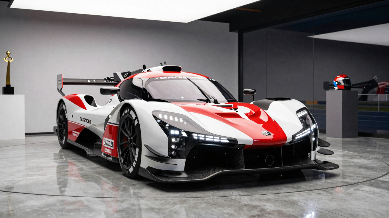 White and red sleek race car on display in a modern showroom with trophy and helmet in background.