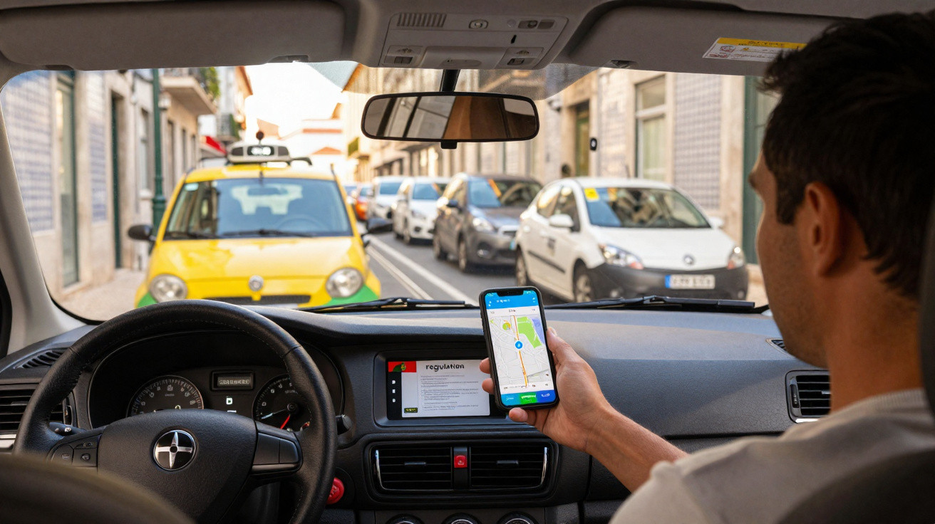 Driver holding smartphone with navigation app inside car in urban street traffic.