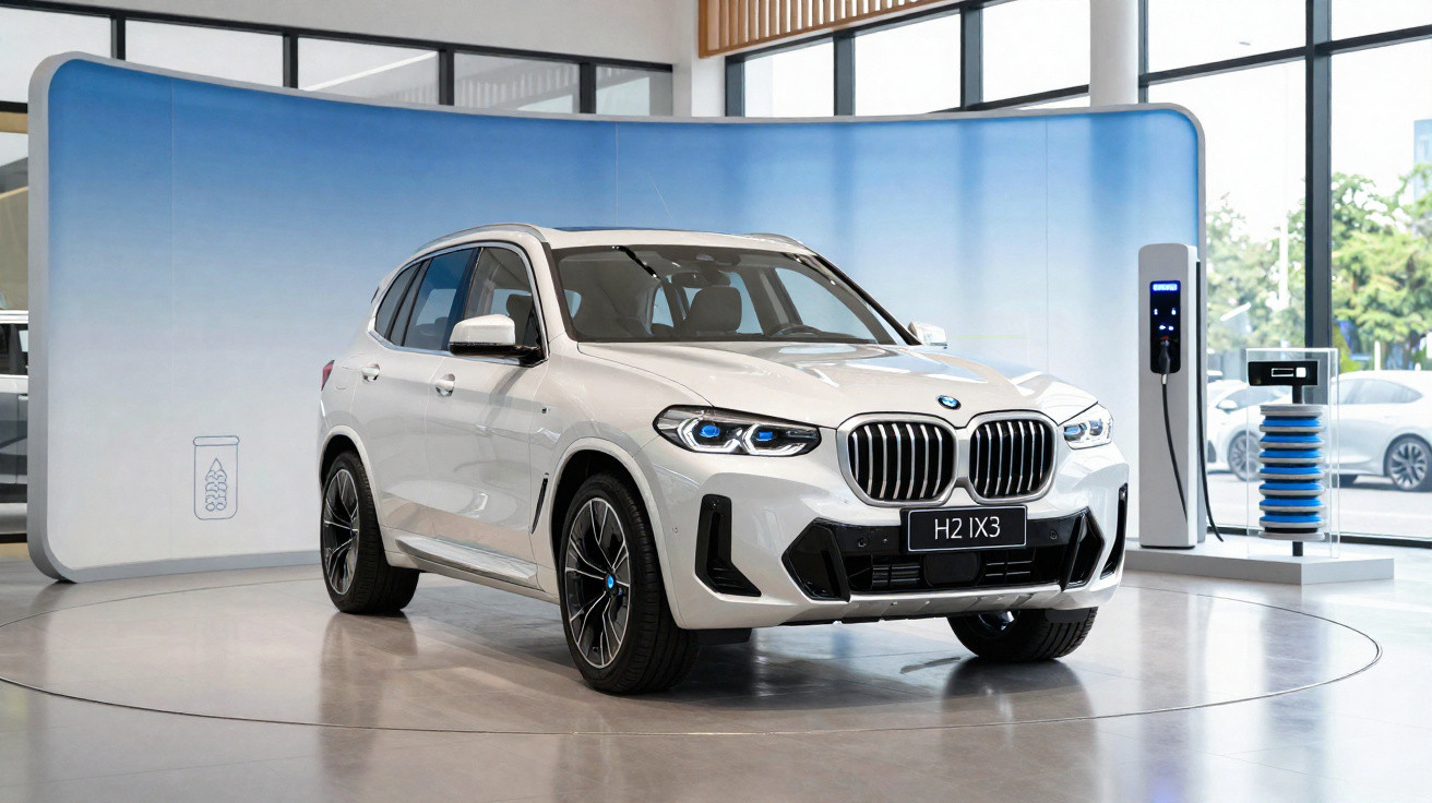 White BMW X3 electric SUV displayed indoors next to a charging station and modern backdrop.
