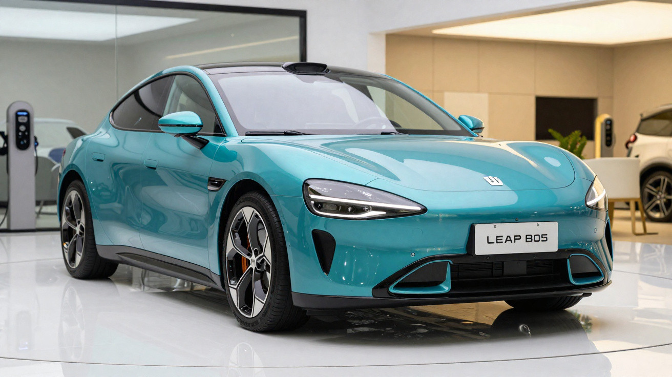 Teal Leap 805 electric car displayed indoors with sleek design and black alloy wheels.