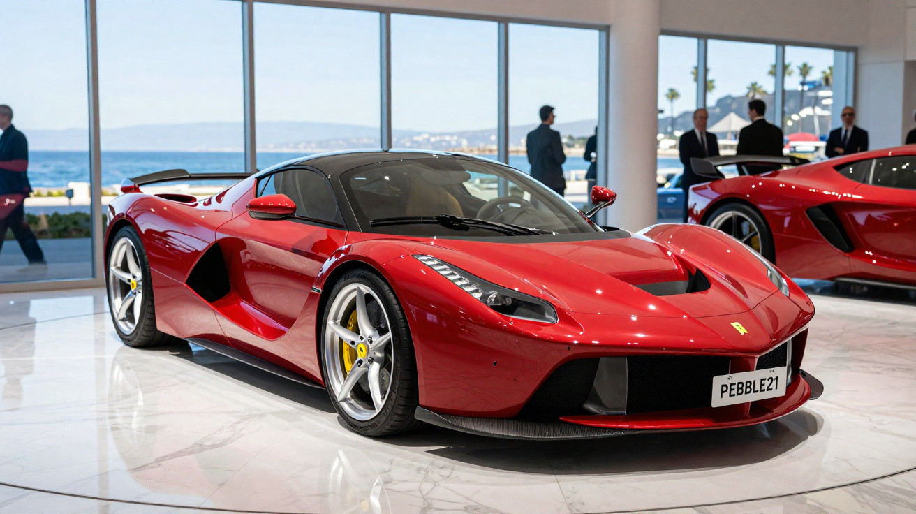 Red Ferrari LaFerrari sports car displayed indoors with ocean view and people in background