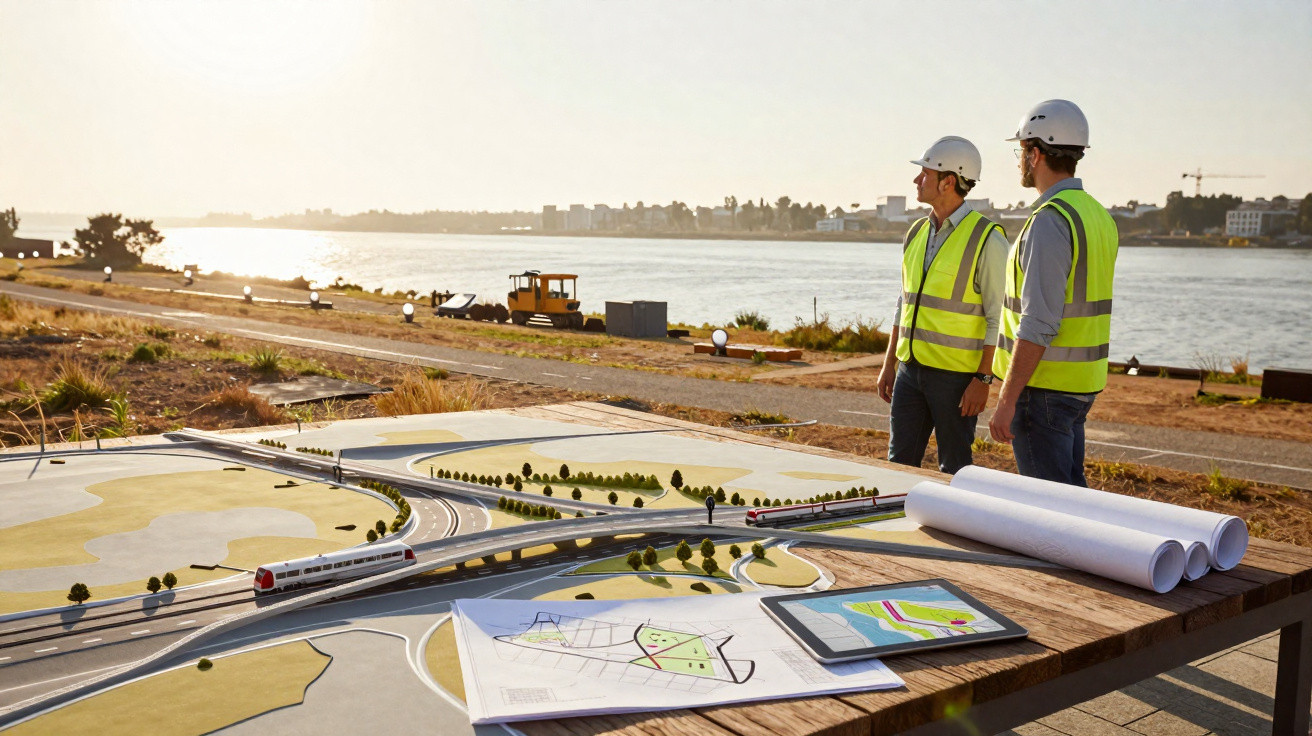 Two engineers in safety gear examining a model railway and blueprints by a waterfront site at sunset.
