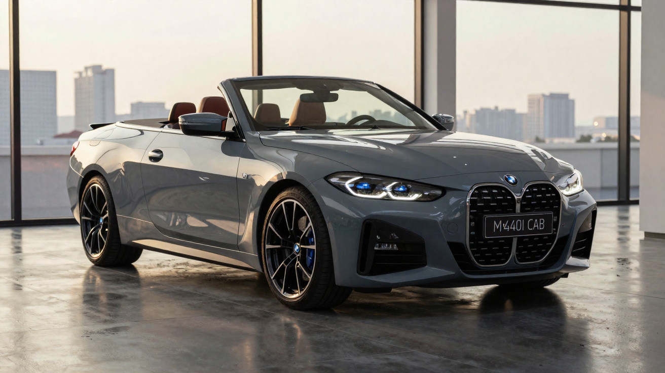 Grey BMW convertible car with black wheels parked indoors near large windows and city skyline visible outside.