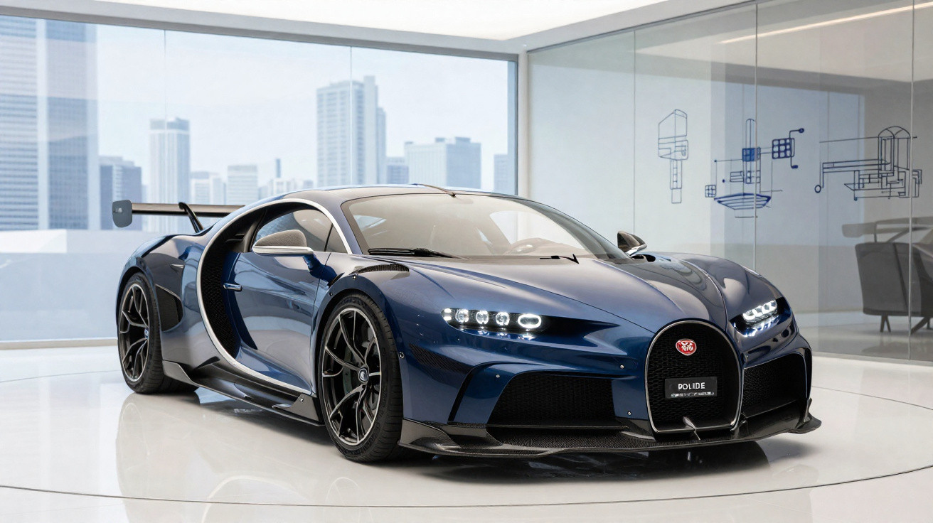Blue Bugatti Chiron sports car displayed in a modern showroom with city skyline visible through large windows.