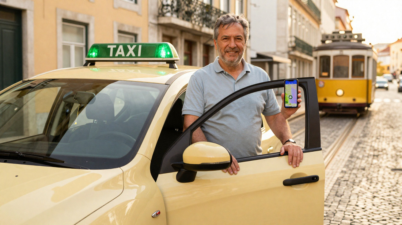 Smiling man standing by an open yellow taxi door showing a phone with a navigation app on a cobbled city street.