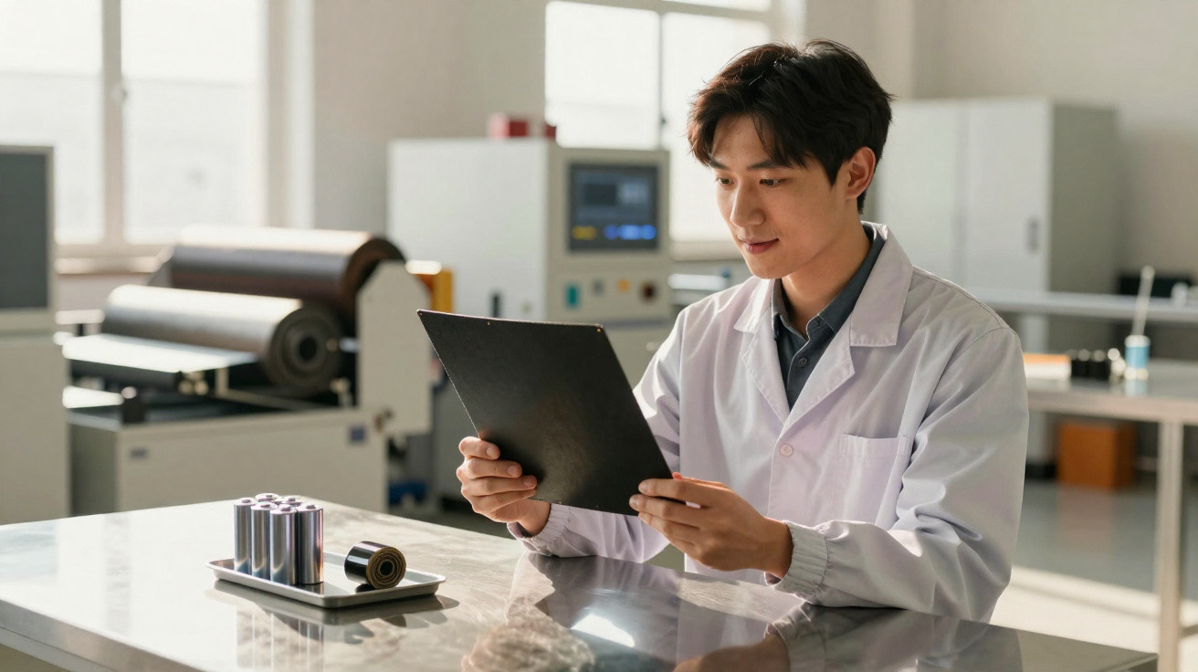 Scientist in a lab coat examining a black tablet with lab equipment on a table in a bright laboratory.