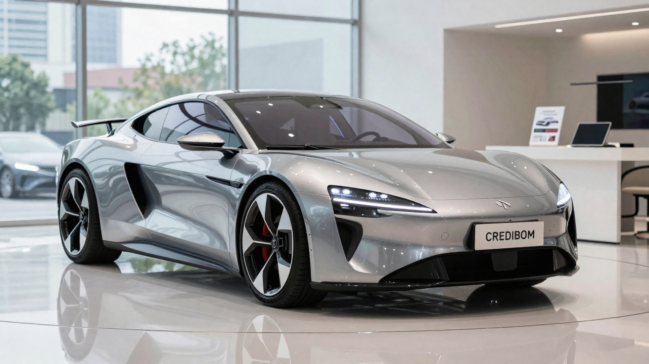 Silver electric sports car displayed indoors with sleek design and black and red alloy wheels