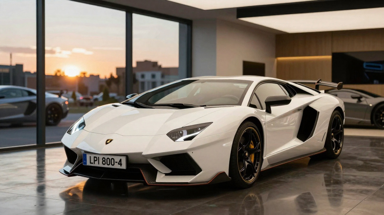 White Lamborghini Aventador sports car displayed indoors with sunset visible through large windows.