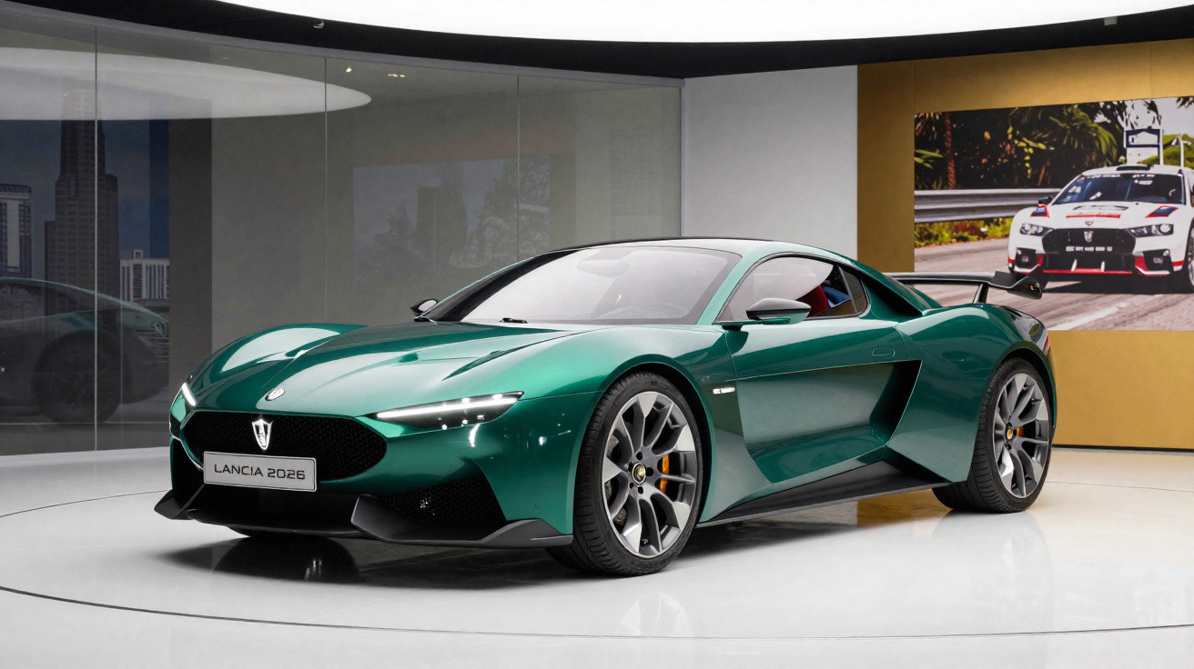 Green Lancia 2026 concept sports car displayed in a showroom with modern design and sleek curves.