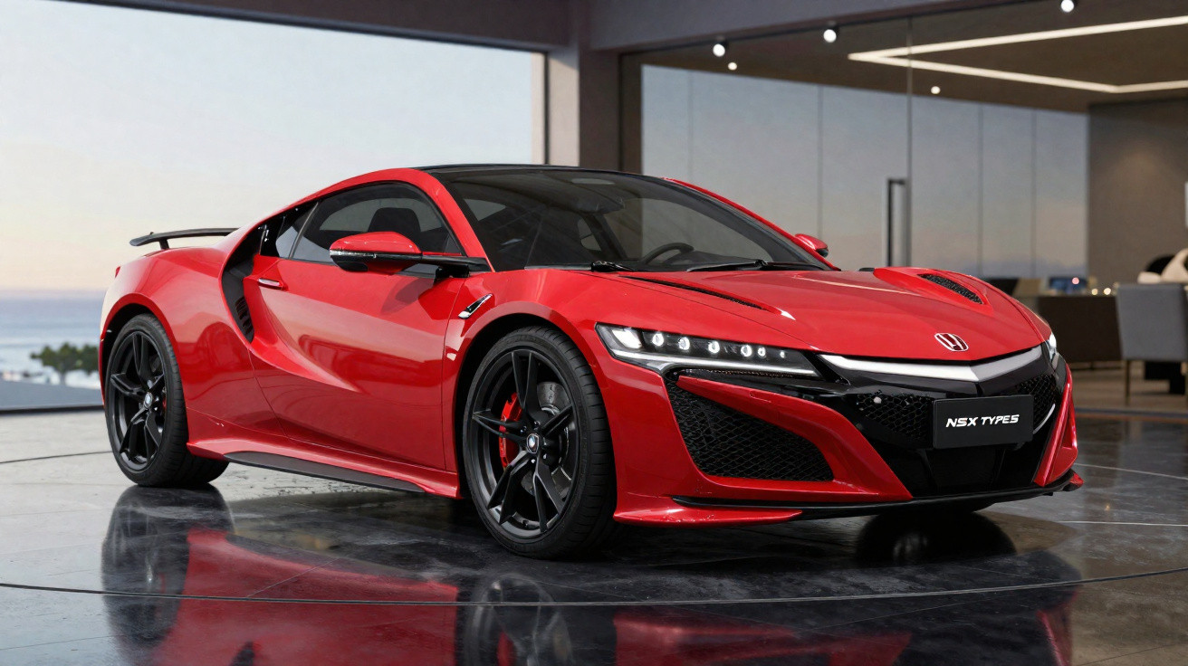Red Acura NSX Type S sports car displayed indoors on reflective floor with modern interior background.